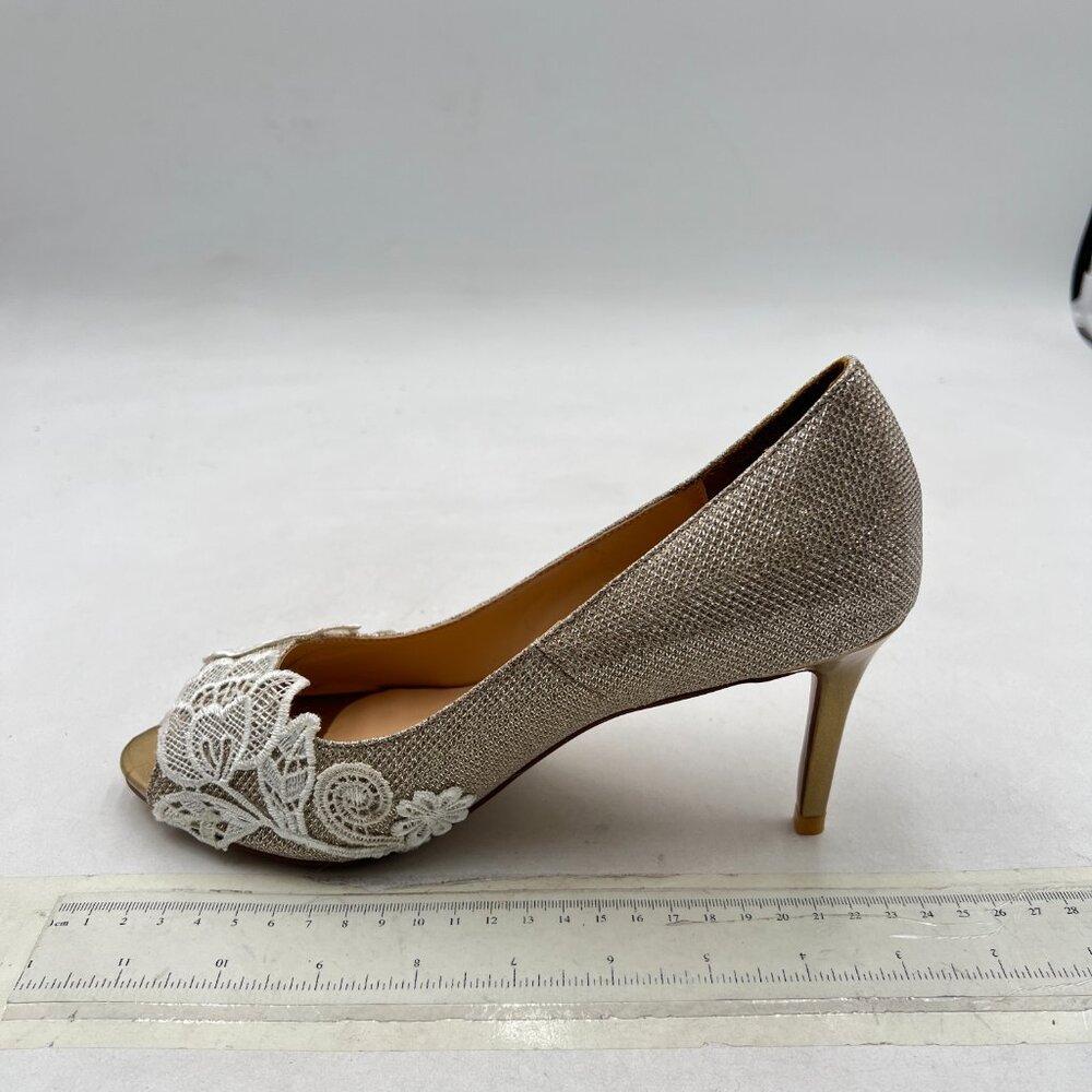 FSJ Beige Lace Peep Toe Party Dress Shoes High Heel Pumps